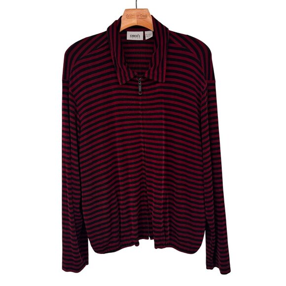 Chicos 3 Travelers Red Black Striped Zip-Up Long Sleeve jacket Top Size XL knit - Picture 1 of 13